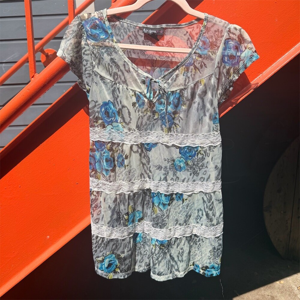 Womens Self Esteem Mesh Top Floral Leopard Lace Trim Blue Grey Medium
